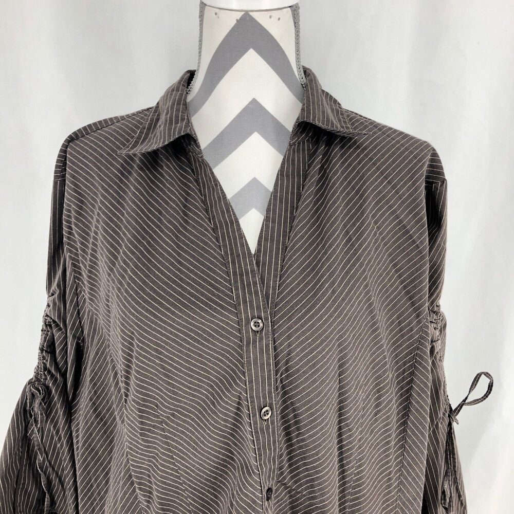 GNW Cinch 3/4 Sleeve V Neck Button Up Brown Striped Shirt 2X Plus